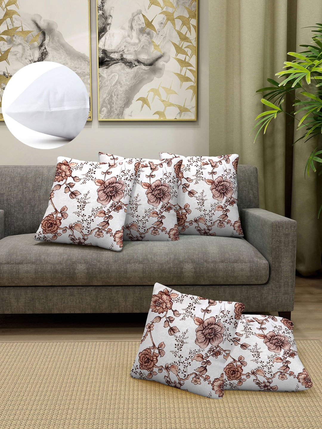 

Arrabi Brown & White Set of 5 Floral Square Cushion Covers