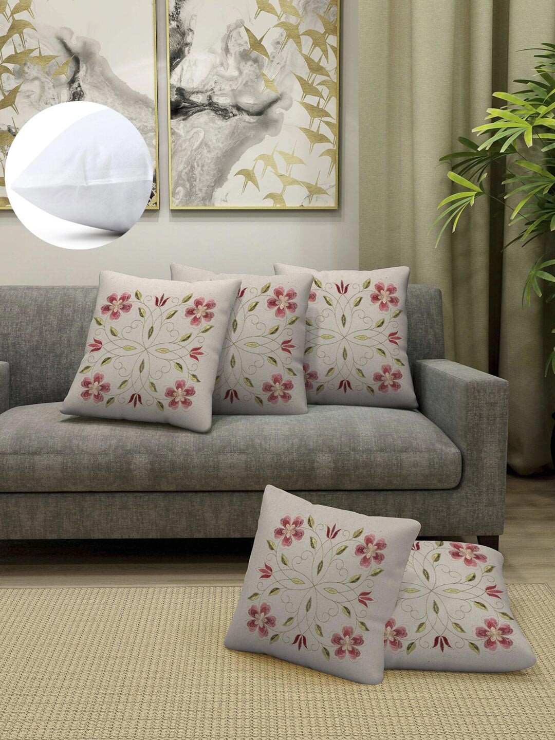 

Arrabi Red & Green Set of 5 Floral Square Cushion Covers