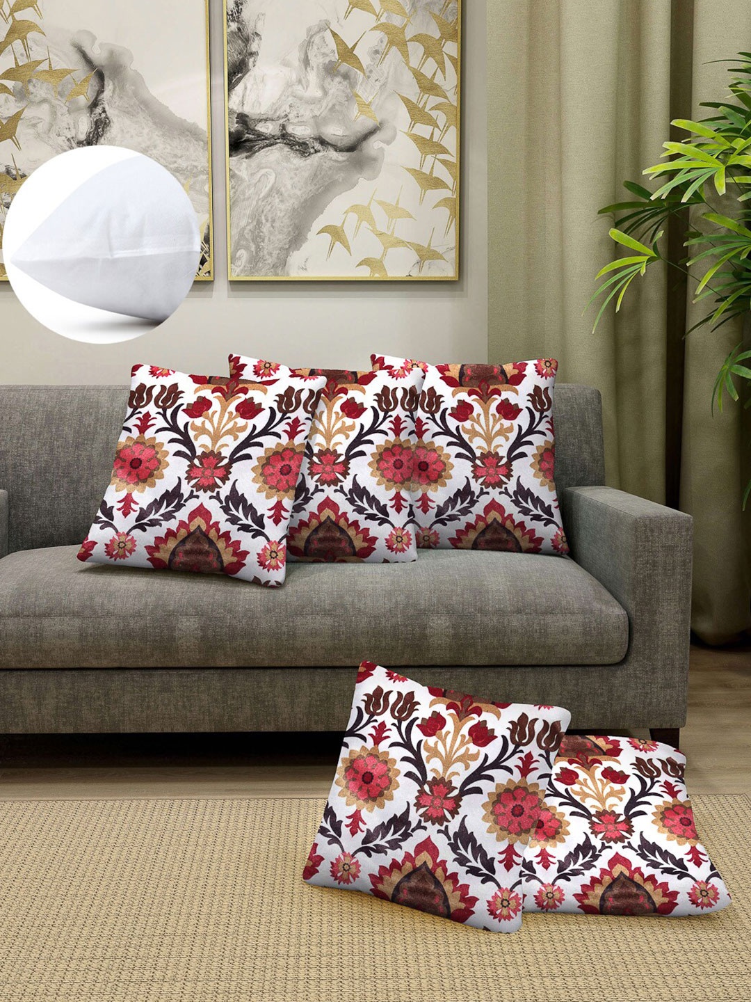 

Arrabi Red & White Set of 5 Floral Square Cushion Covers