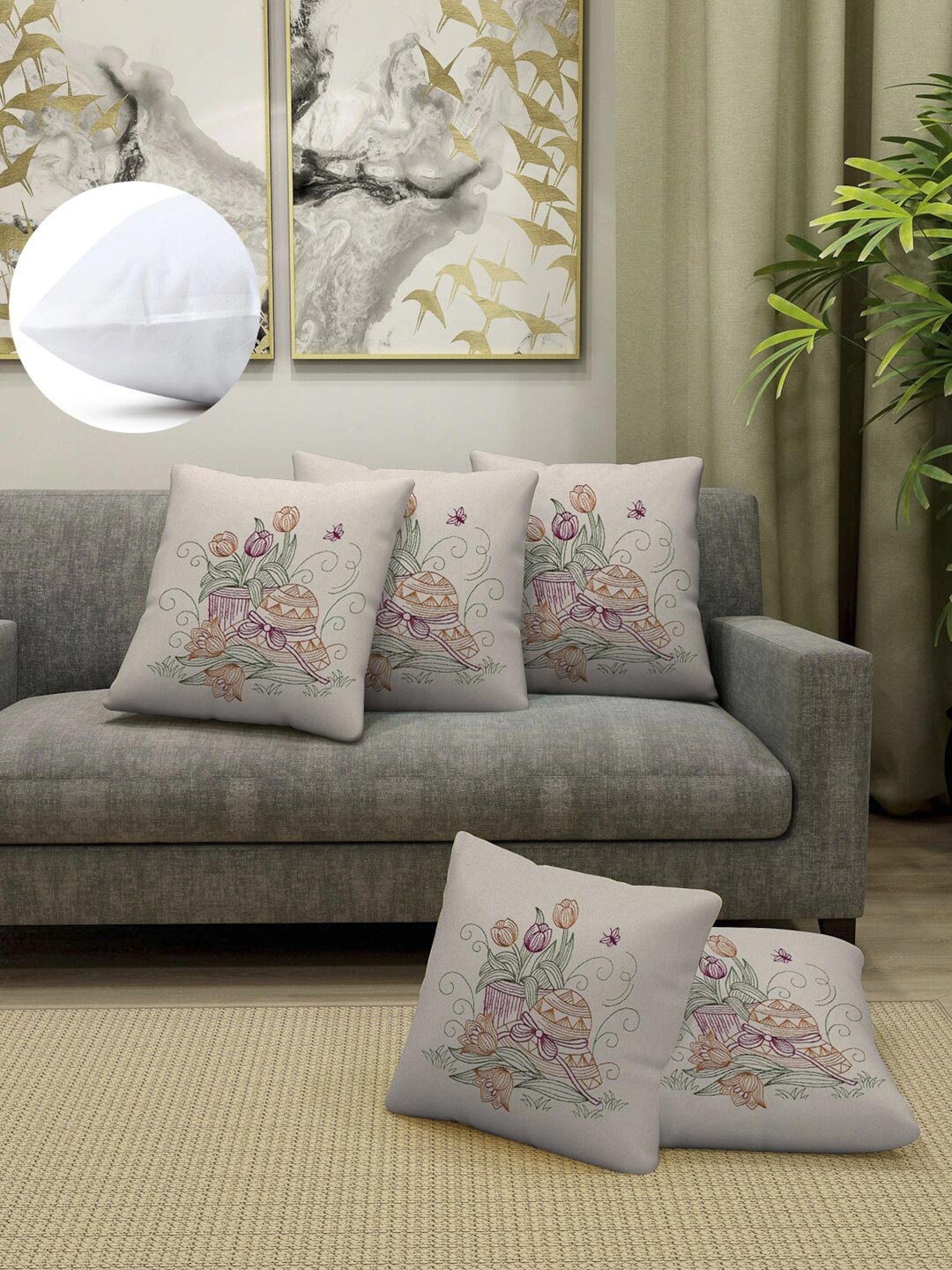 

Arrabi Multicoloured & Cream-Coloured Set of 5 Floral Square Cushion Covers, Multi