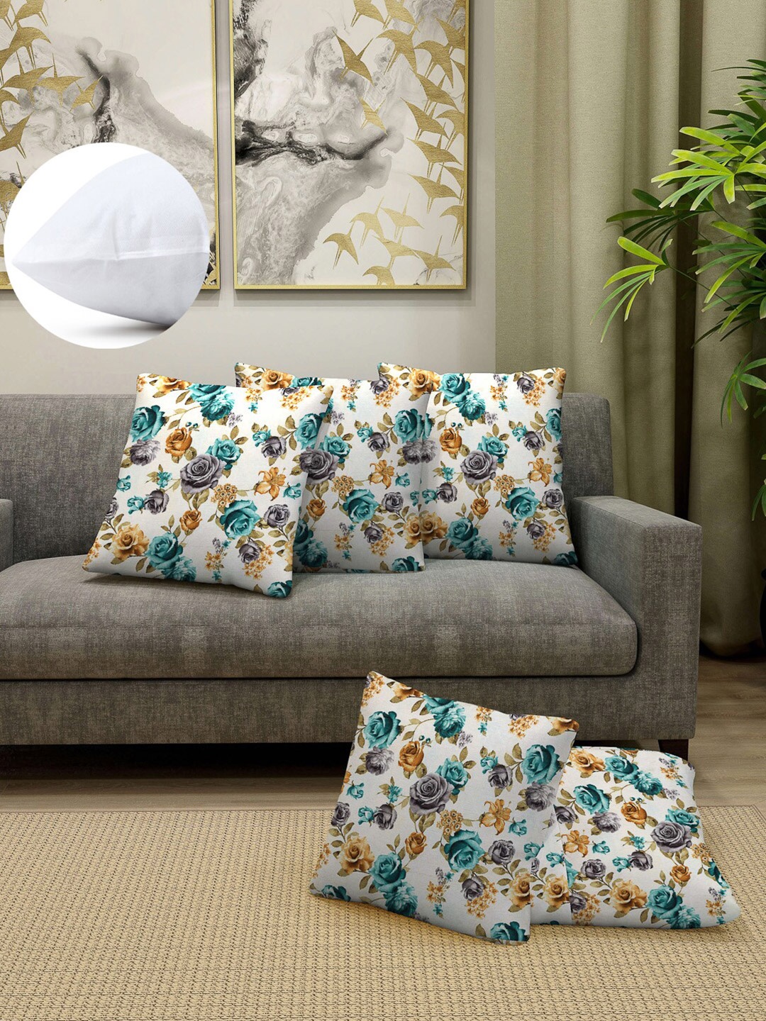 

Arrabi Blue & White Set of 5 Floral Square Cushion Covers