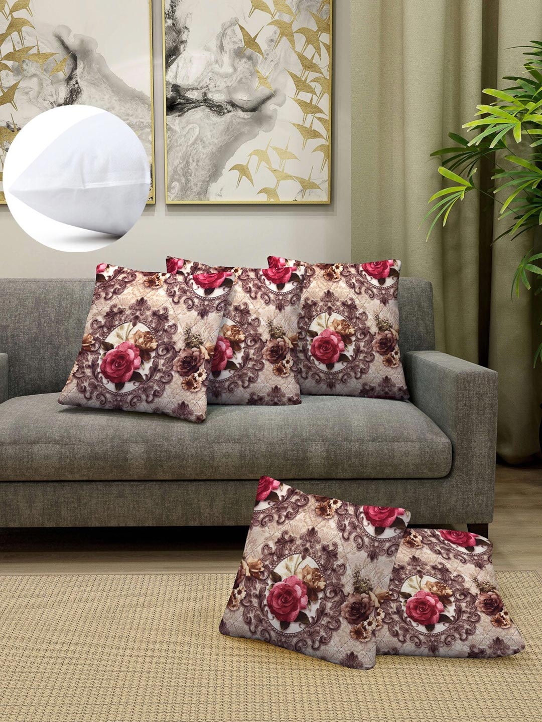 

Arrabi Brown & Pink Set of 5 Floral Square Cushion Covers
