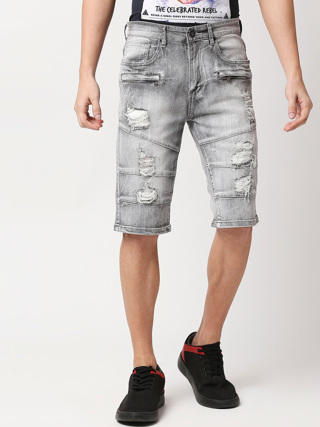 

WAIMEA Men Grey Washed Skinny Fit Outdoor Denim Shorts