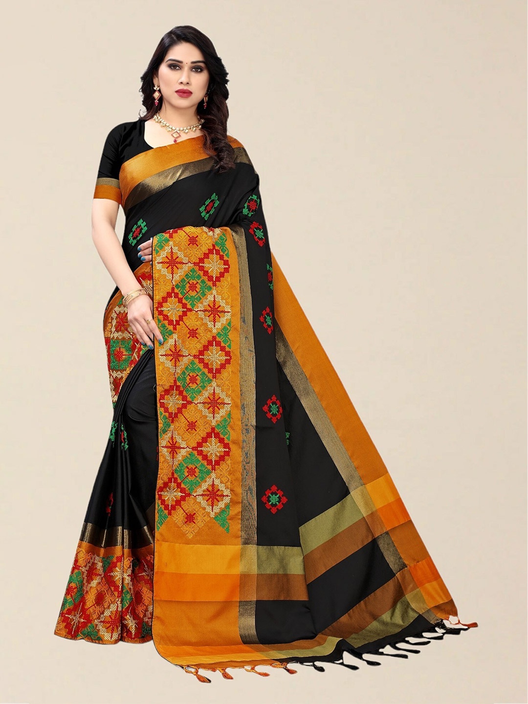 

SERONA FABRICS Black & Orange Embellished Kutchi Embroidery Silk Cotton Saree