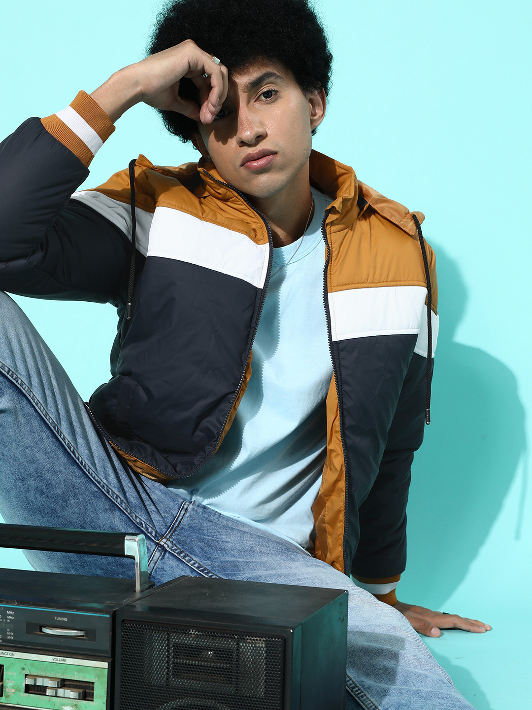 

Roadster Men Mustard Yellow & Navy Blue Colourblocked Hooded Bomber Jacket