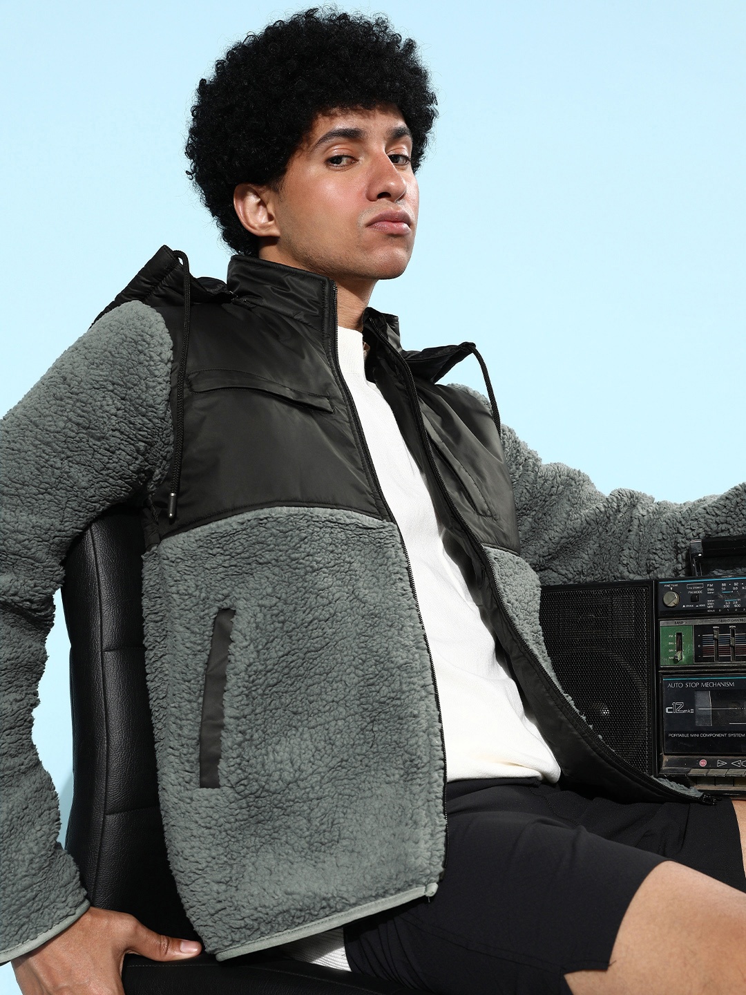 

The Roadster Lifestyle Co. Men Black & Grey Colourblocked Hooded Jacket