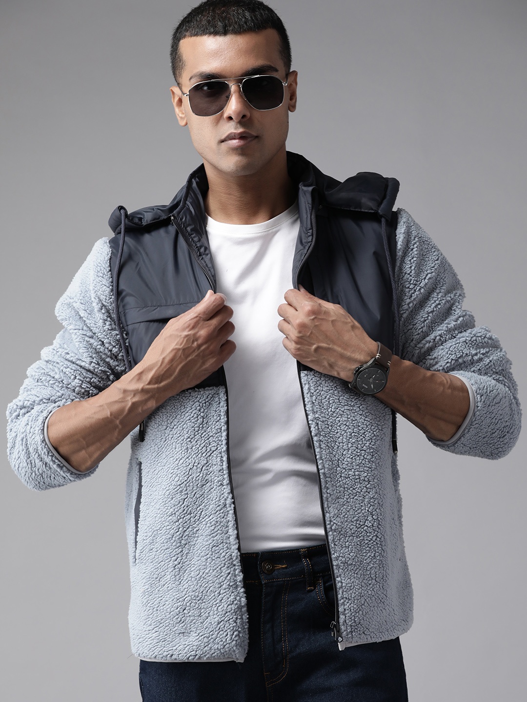 

Roadster Men Navy Blue Colourblocked Padded Sherpa Jacket