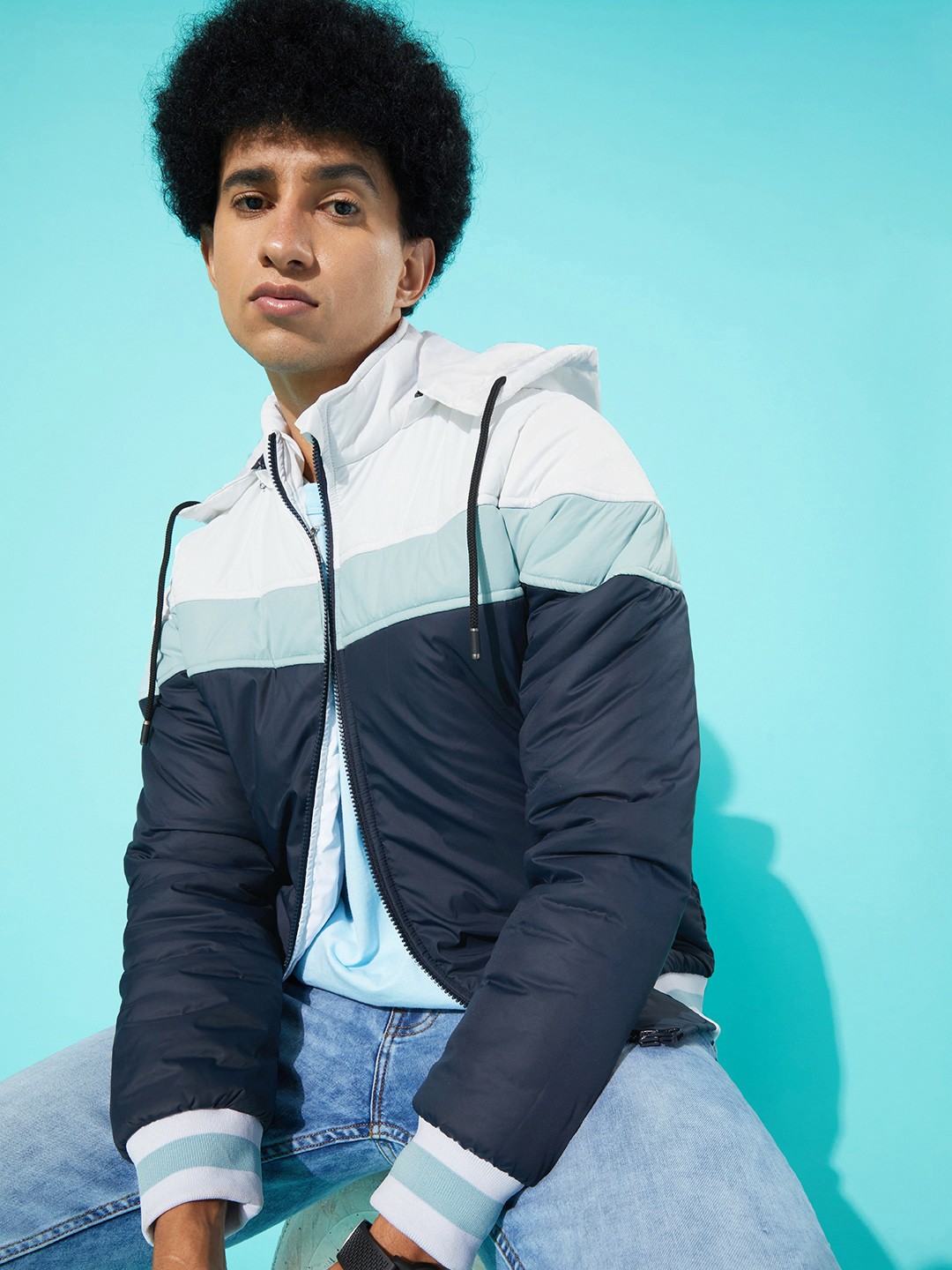 

Roadster Men White & Navy Blue Colourblocked Hooded Bomber Jacket