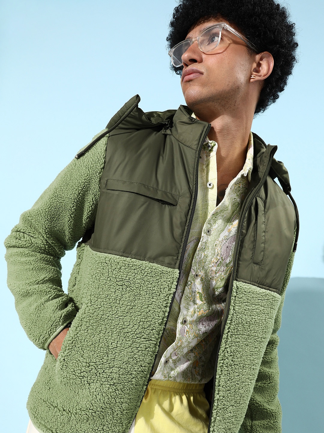

The Roadster Lifestyle Co. Men Olive Green Colourblocked Hooded Tailored Jacket