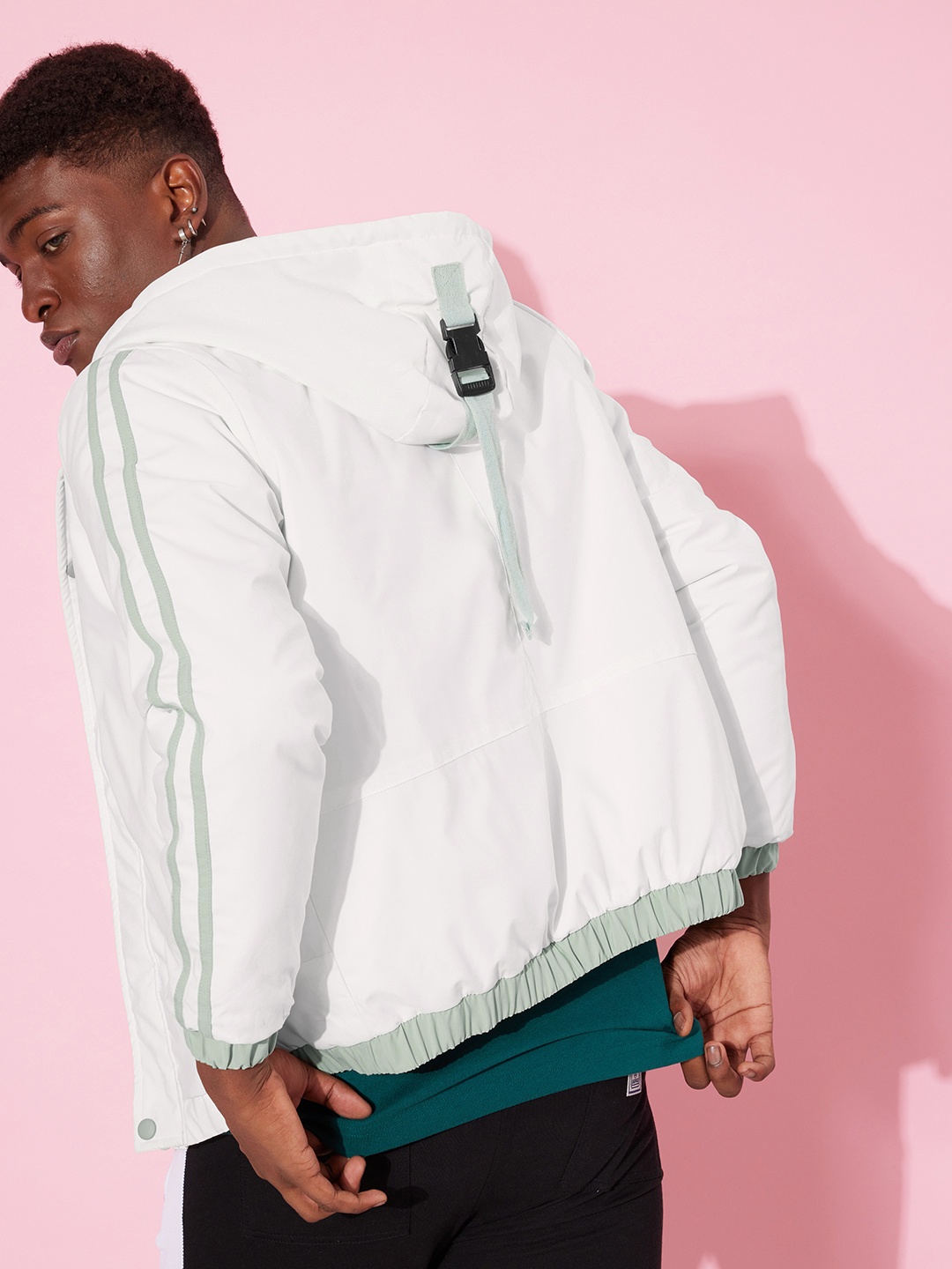 

Roadster Men White Solid Hooded Padded Jacket With Buckle & Taping Detail