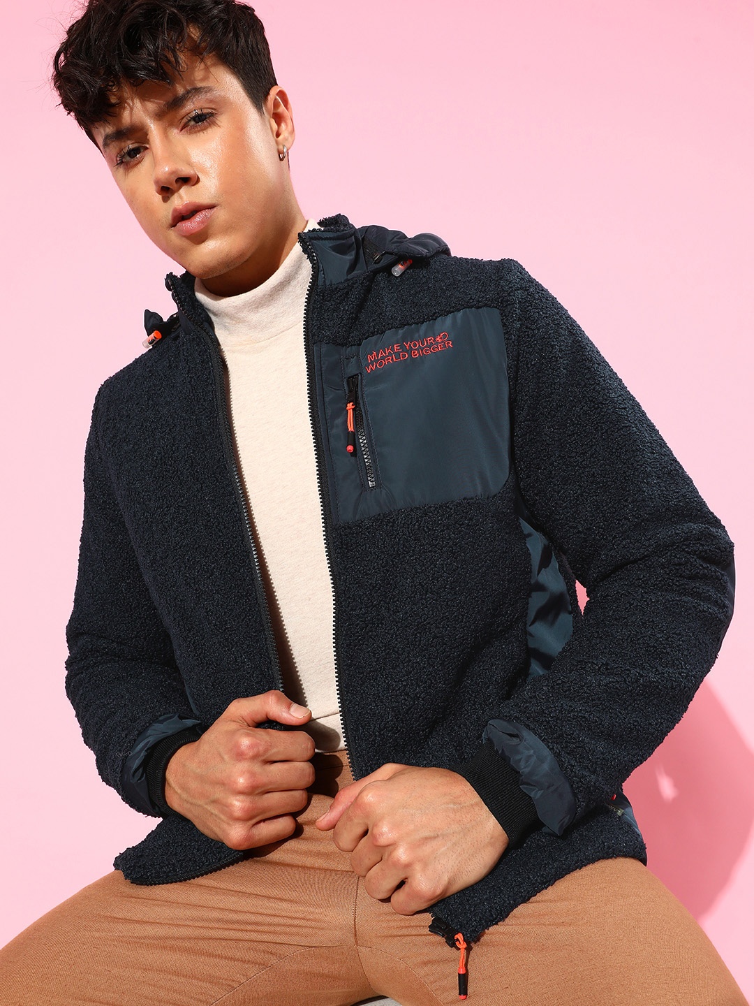 

The Roadster Lifestyle Co. Men Detachable Hooded Sherpa Tailored Jacket, Navy blue