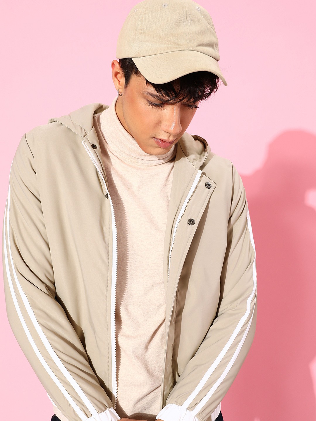 

The Roadster Lifestyle Co. Men Solid Bomber Jacket With Side Stripes, Nude