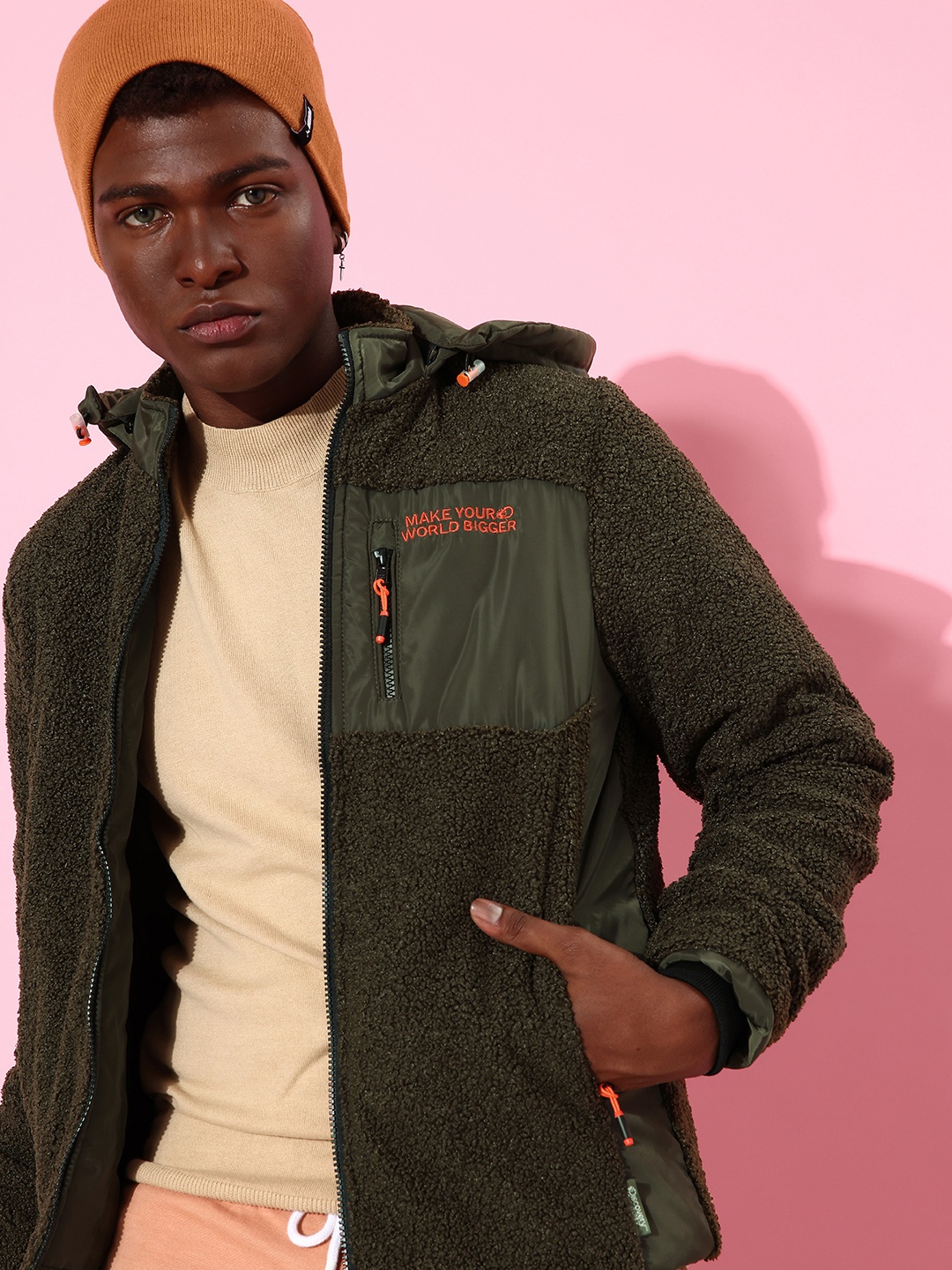 

Roadster Men Green Solid Hooded Tailored Jacket With Elbow Patches & Zip Detail