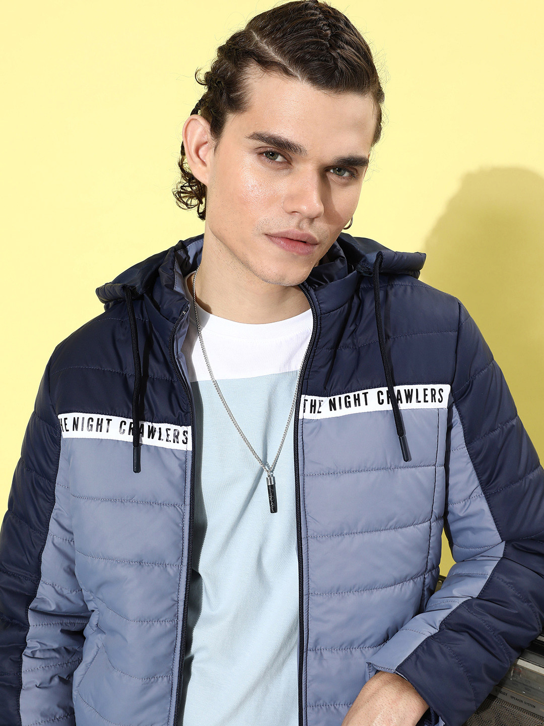 

The Roadster Lifestyle Co. Men Blue & Navy Blue Colourblocked Hooded Bomber Jacket