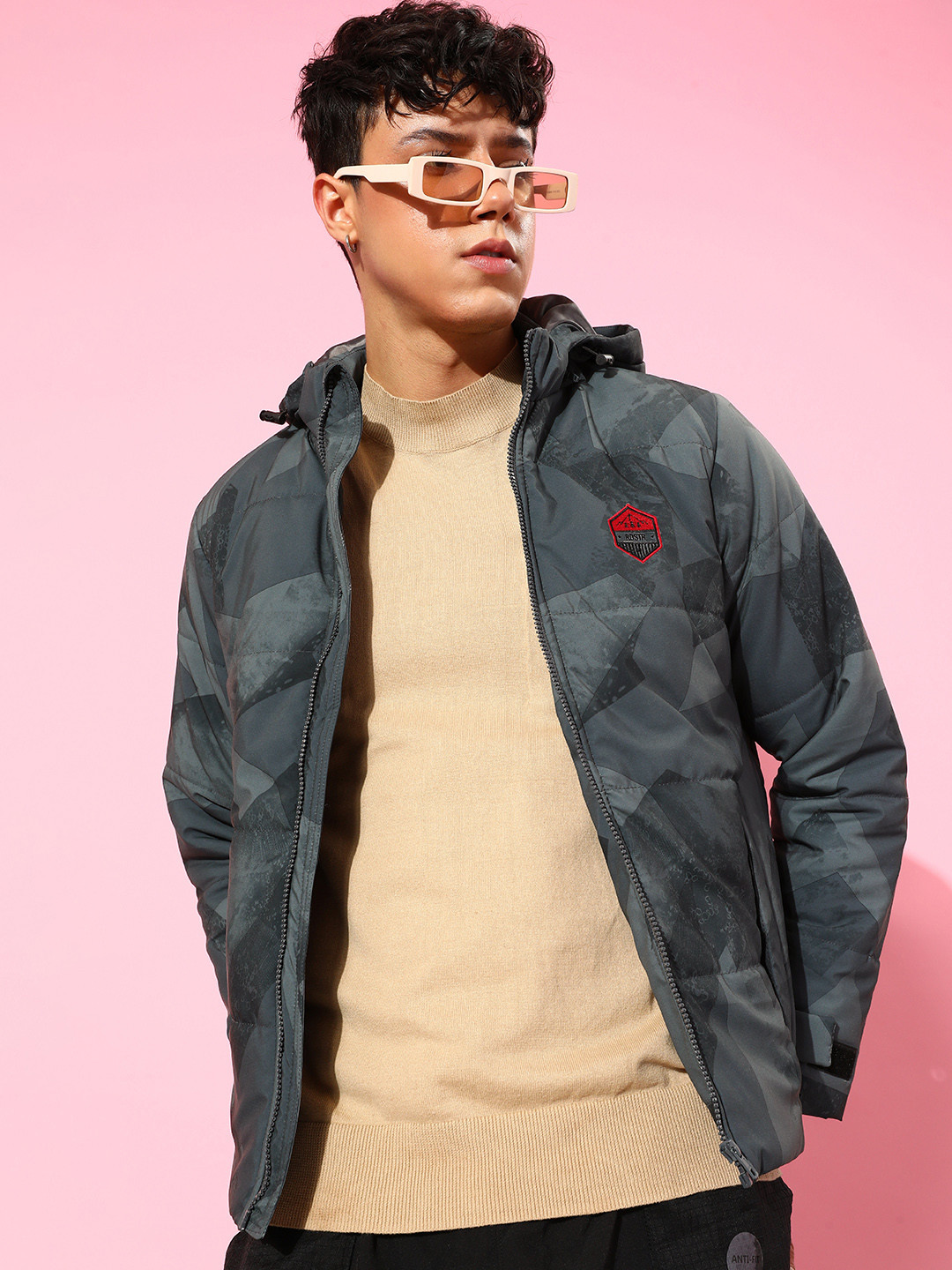 

The Roadster Life Co. Men Abstract Printed Hooded Padded Jacket with Embroidered Detail, Grey