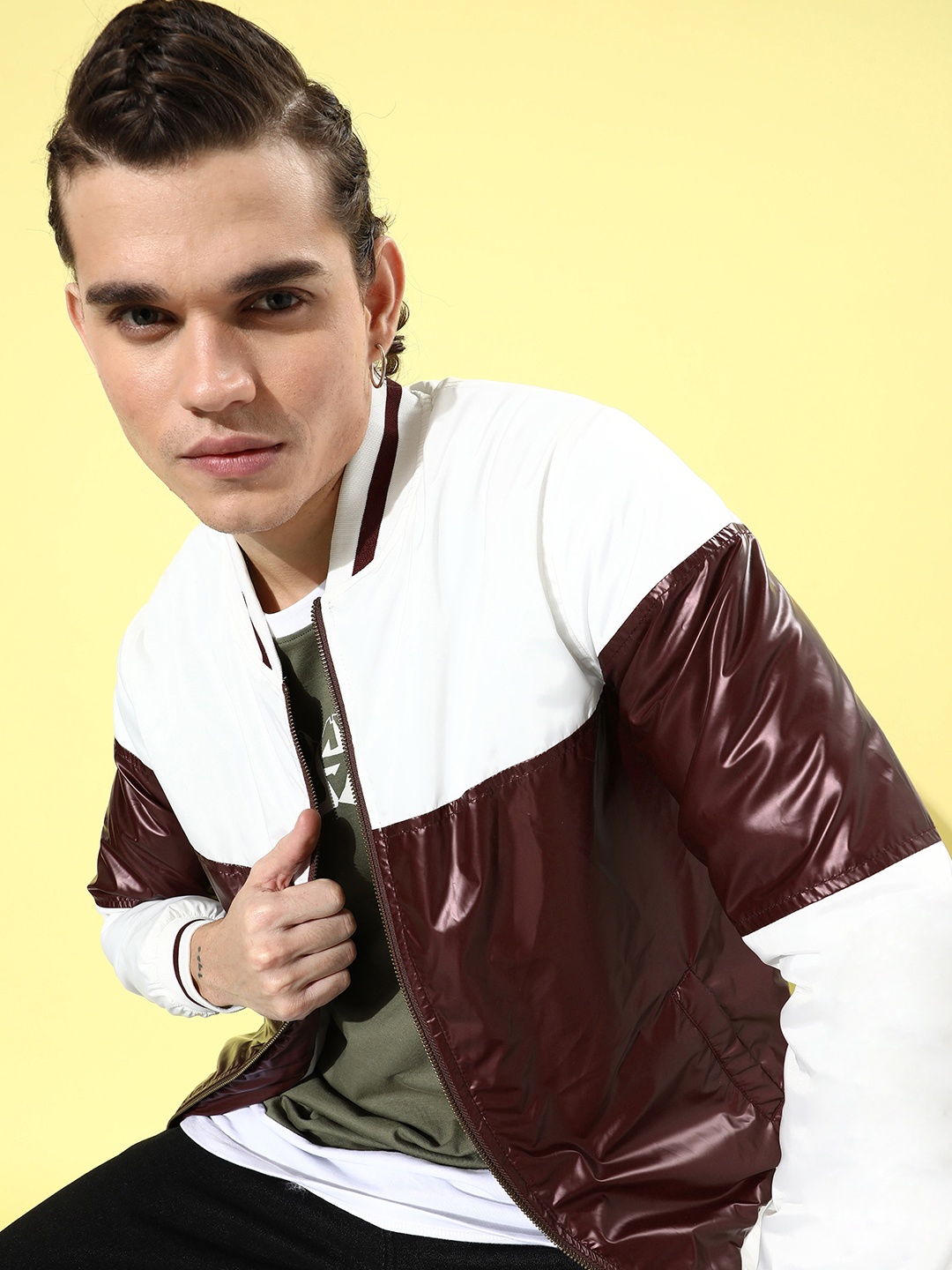 

The Roadster Lifestyle Co. Men White & Burgundy Colourblocked Varsity Jacket