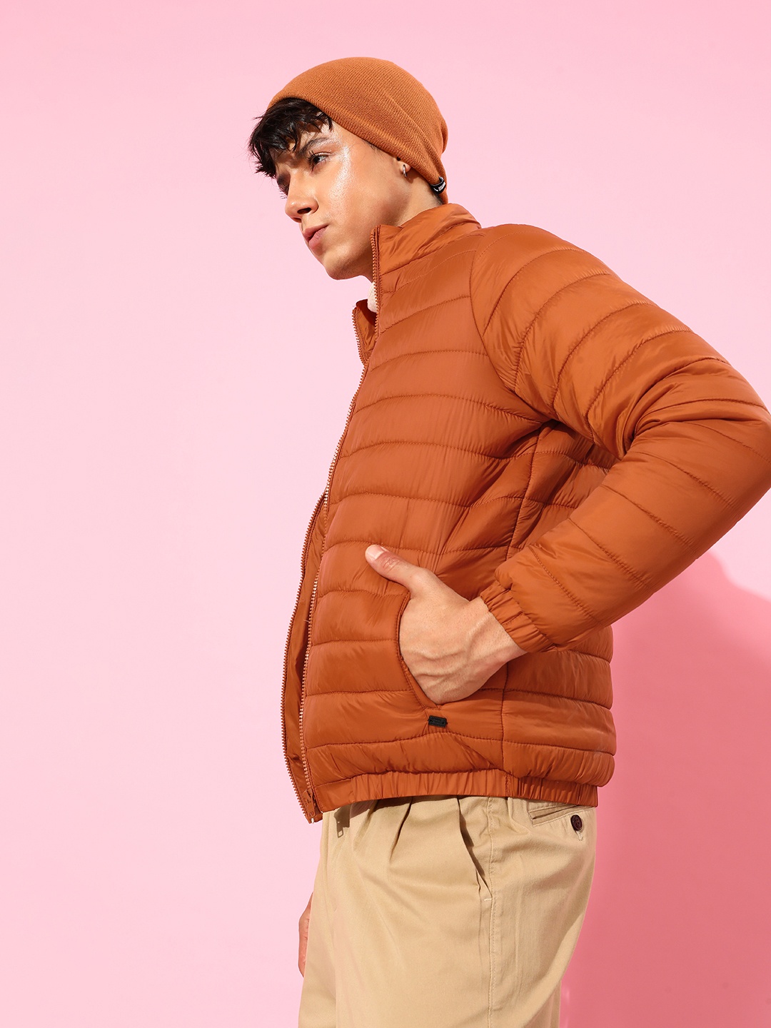

The Roadster Life Co. Men Mock Collar Padded Jacket, Orange
