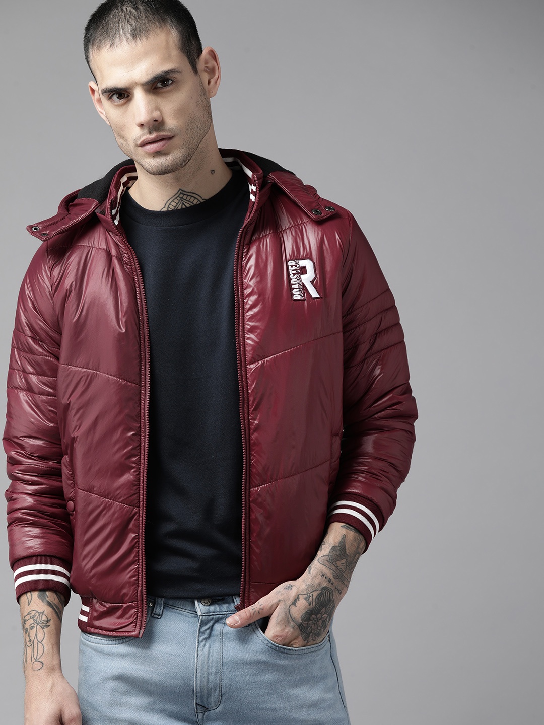 

The Roadster Lifestyle Co. Men Burgundy Bomber Jacket with Detachable Hood