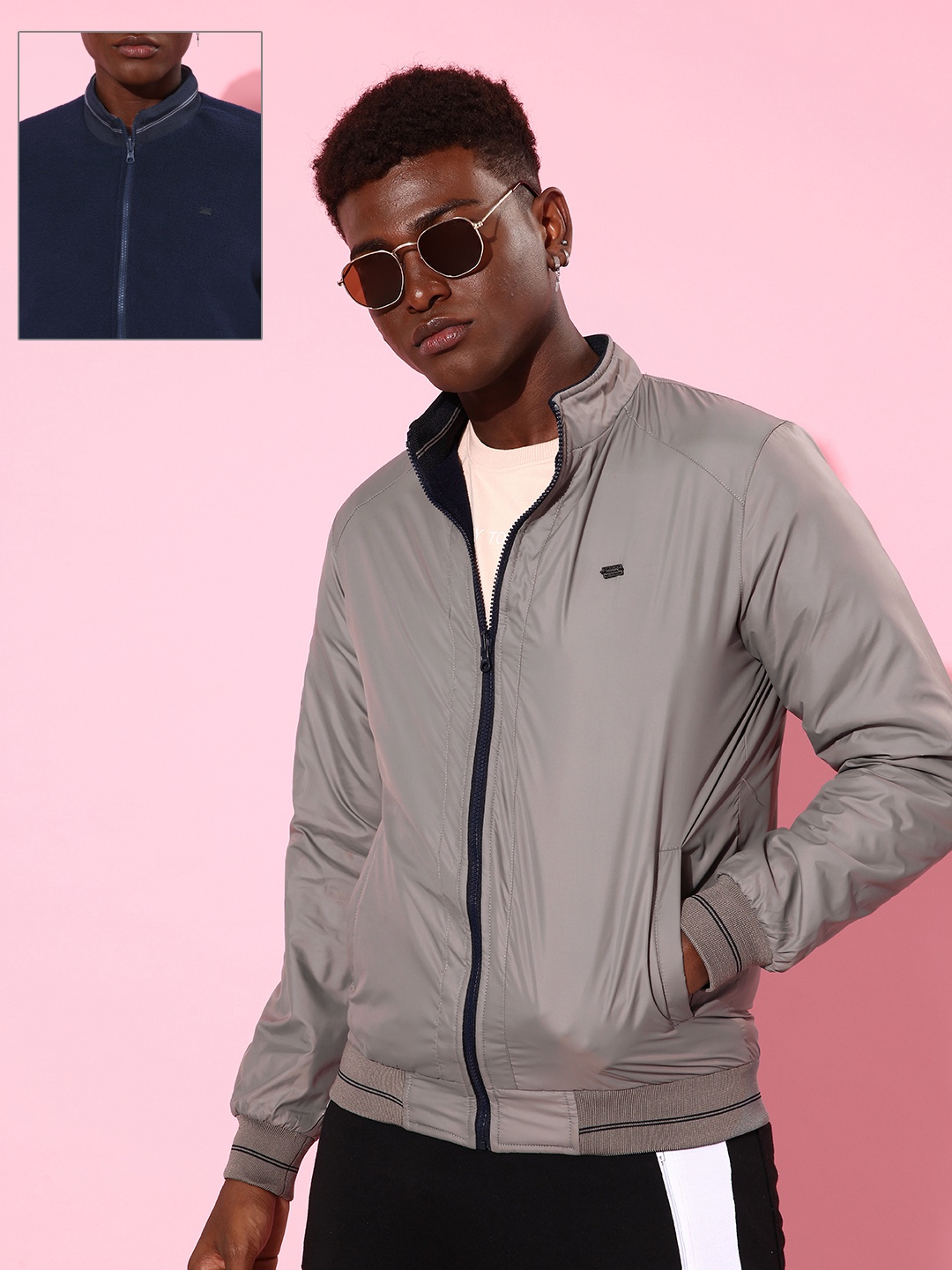 

Roadster Men Grey & Navy Blue Reversible Bomber Jacket