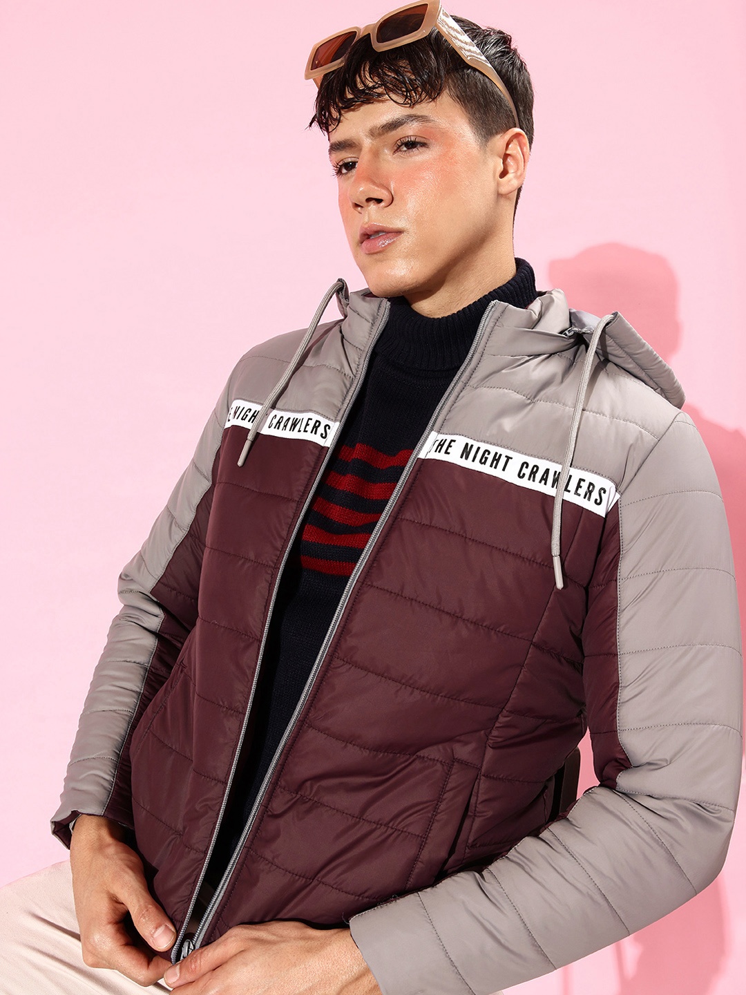 

The Roadster Lifestyle Co. Men Grey & Burgundy Colourblocked Hooded Padded Jacket