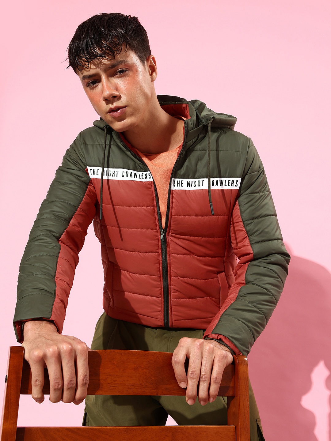 

Roadster Men Rust Orange & Olive Green Colourblocked Puffer Jacket