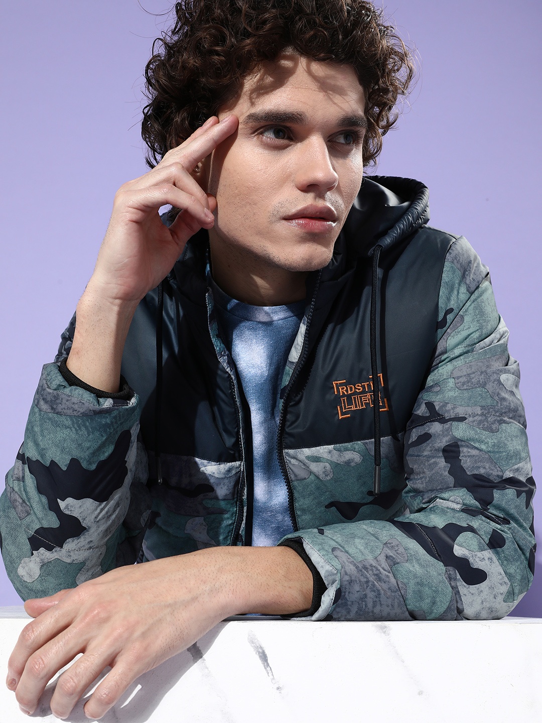 

Roadster Men Navy Blue Camouflage Printed Puffer Jacket