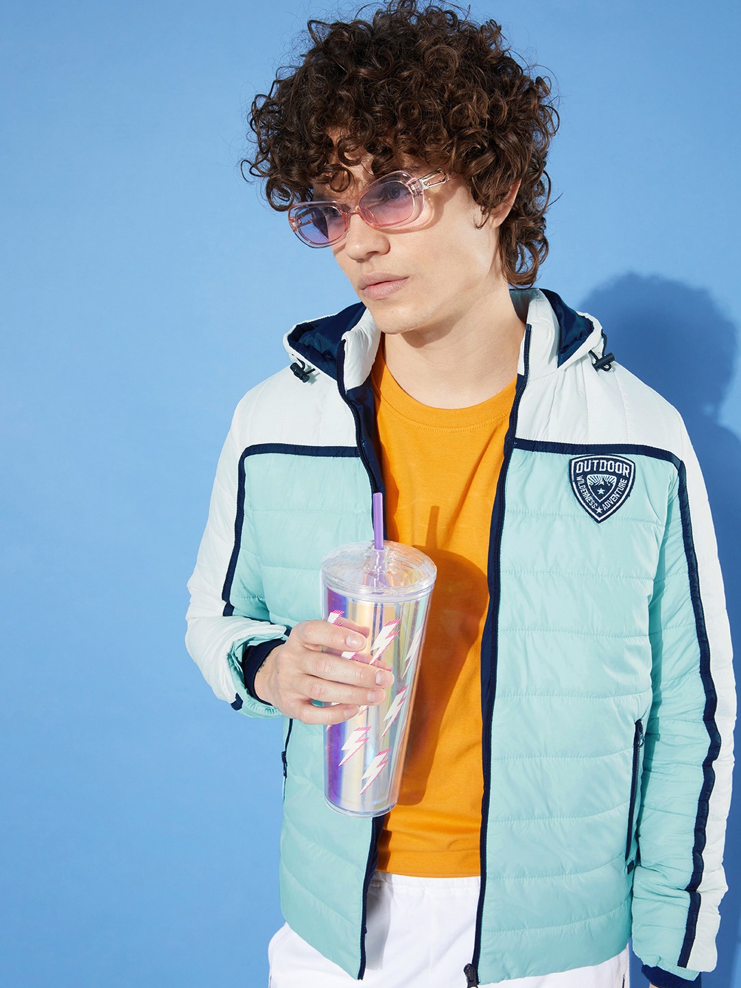 

The Roadster Lifestyle Co. Men Cool Blue & Snow White Colourblocked Puffer Jacket