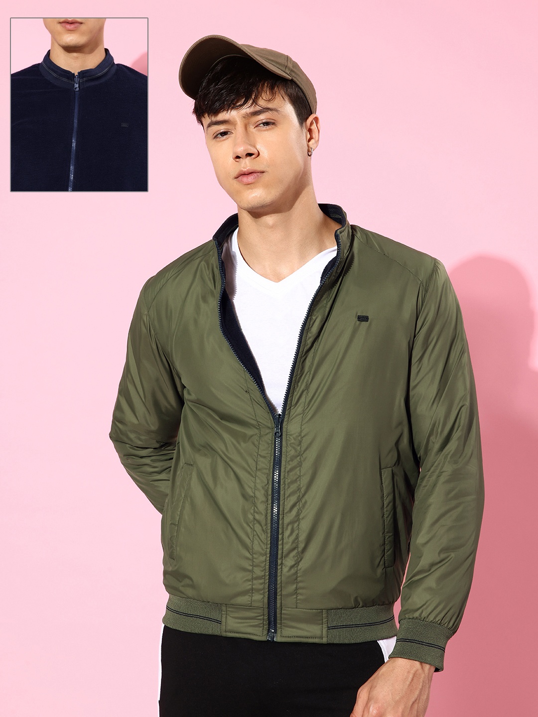 

Roadster Men Green & Navy Blue Reversible Bomber Jacket