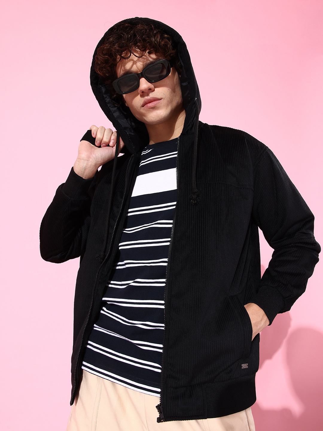 

The Roadster Lifestyle Co. Men Black Solid Hooded Corduroy Bomber Jacket
