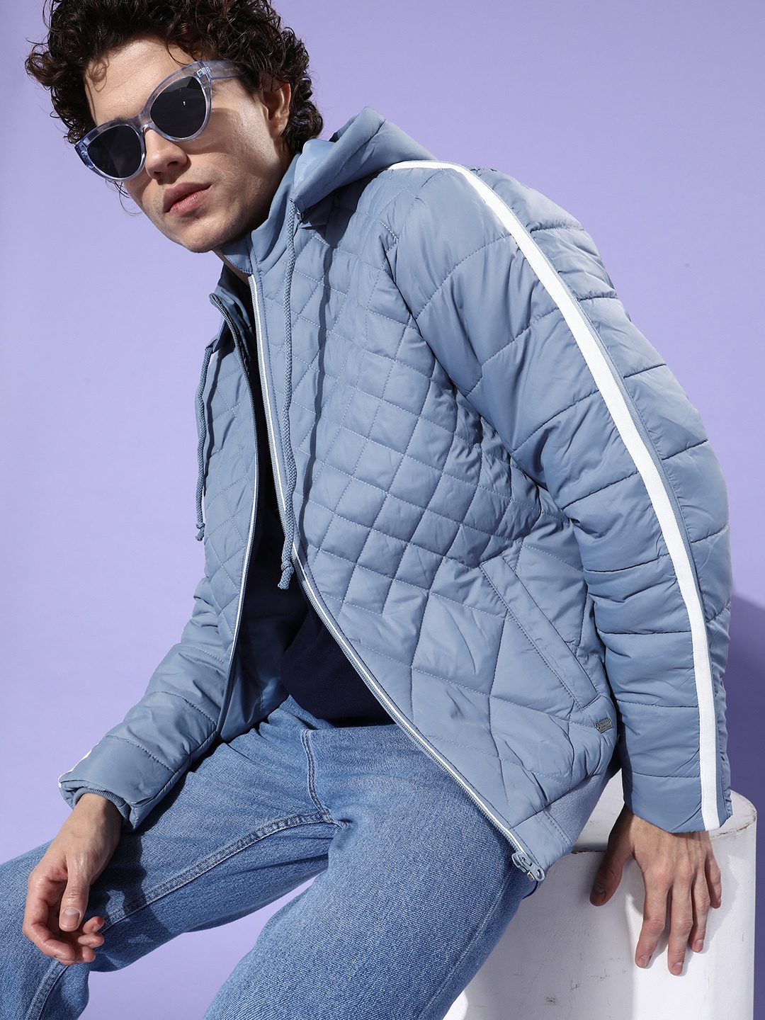 

The Roadster Lifestyle Co. Men Blue Solid Quilted Jacket With Detachable Hood