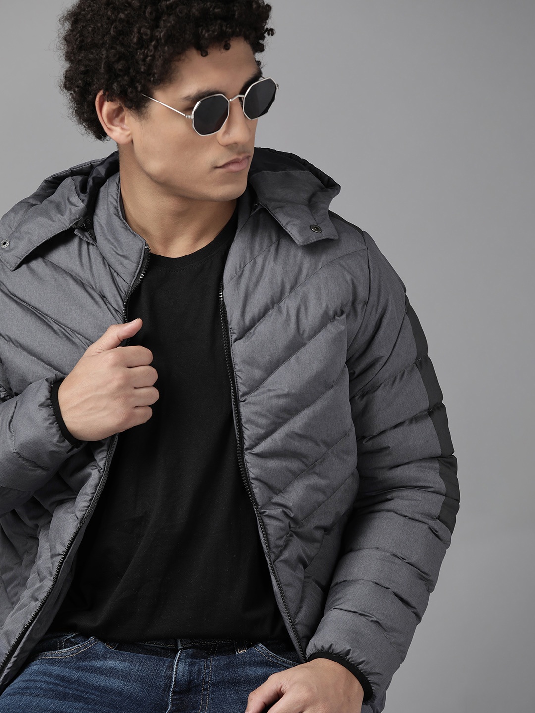 

The Roadster Lifestyle Co. Men Grey Solid Padded Jacket with Detachable Hood