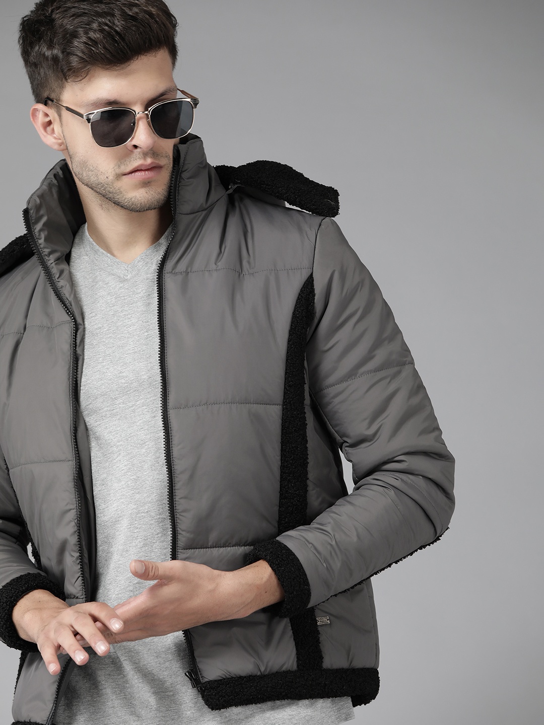 

Roadster Men Grey Solid Padded Jacket