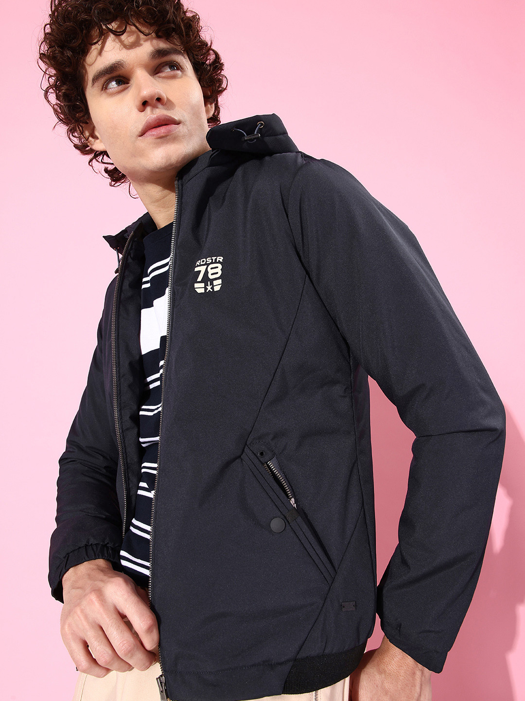 

The Roadster Lifestyle Co. Men Navy Blue Solid Hooded Bomber Jacket