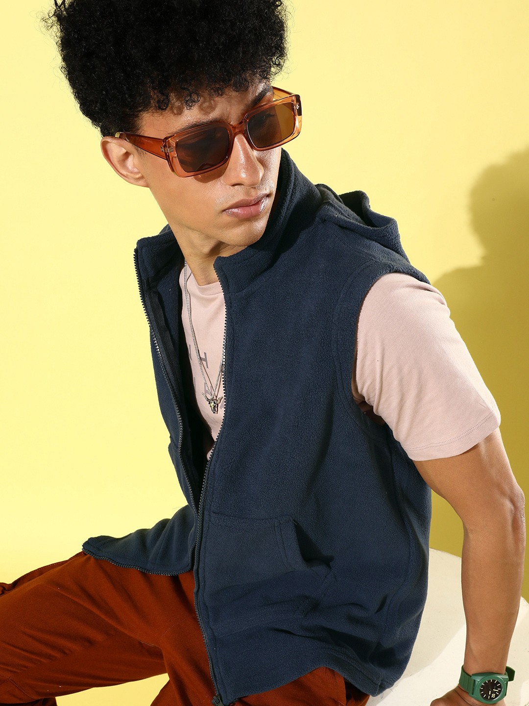 

The Roadster Lifestyle Co. Men Blue Solid Sleeveless Hooded Tailored Jacket