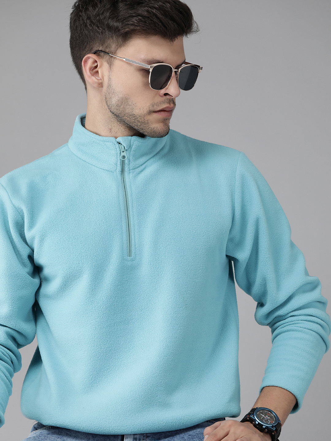 

Roadster Men Blue Solid Fleece Half Zipper Sweatshirt