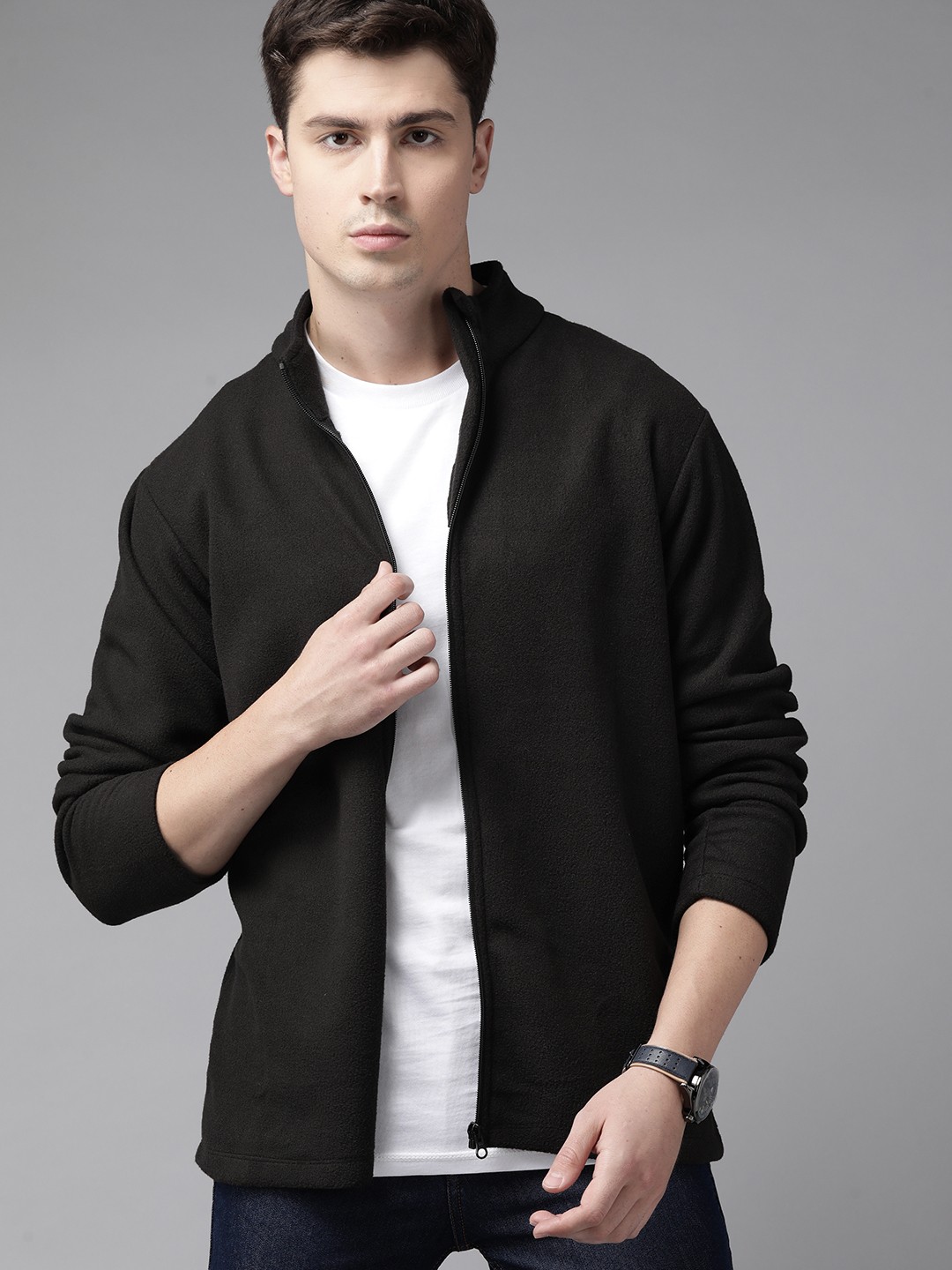 

Roadster Men Black Solid Fleece Tailored Jacket