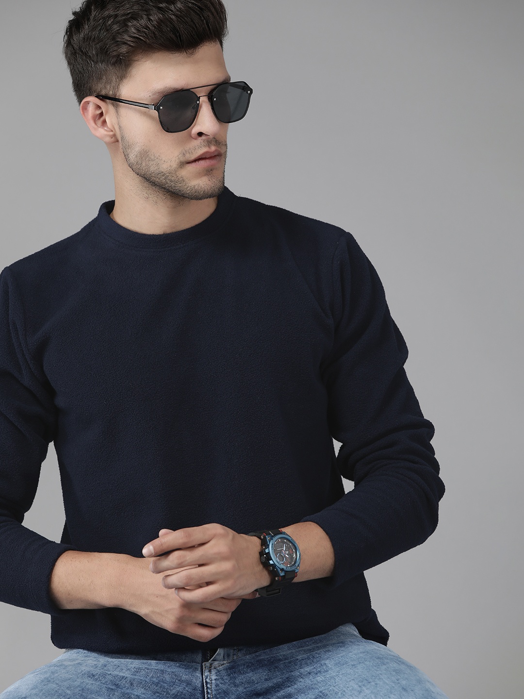 

Roadster Men Navy Blue Solid Fleece Sweatshirt