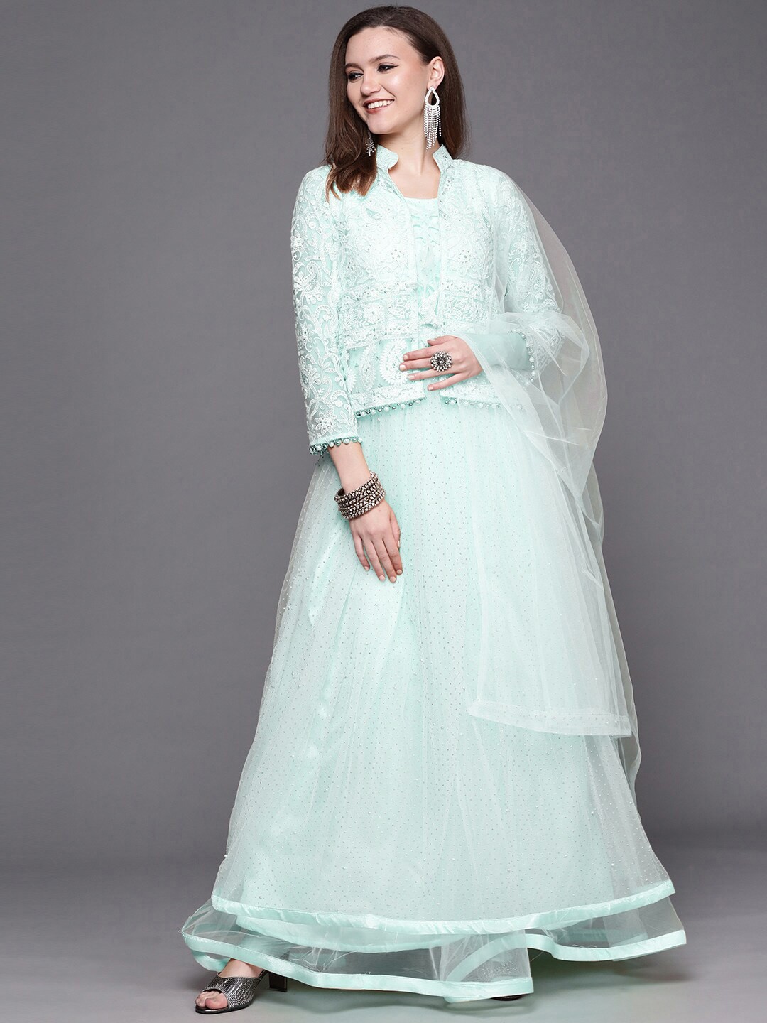 

Chhabra 555 Turquoise Blue & White Embellished Net Ethnic Maxi Dress with Jacket