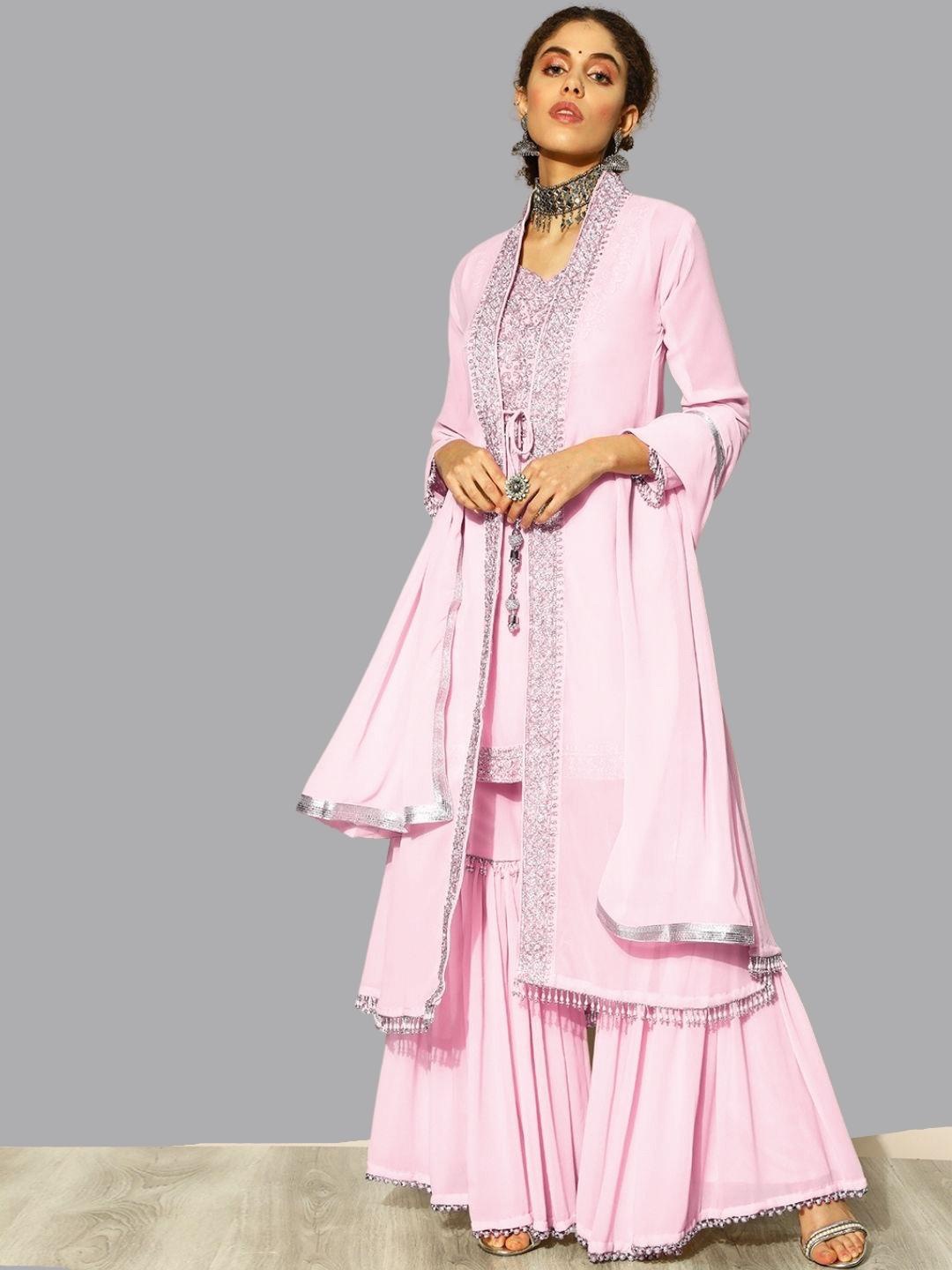 

Chhabra 555 Pink Self Design Kurta Sharara Set Witrh Jacket