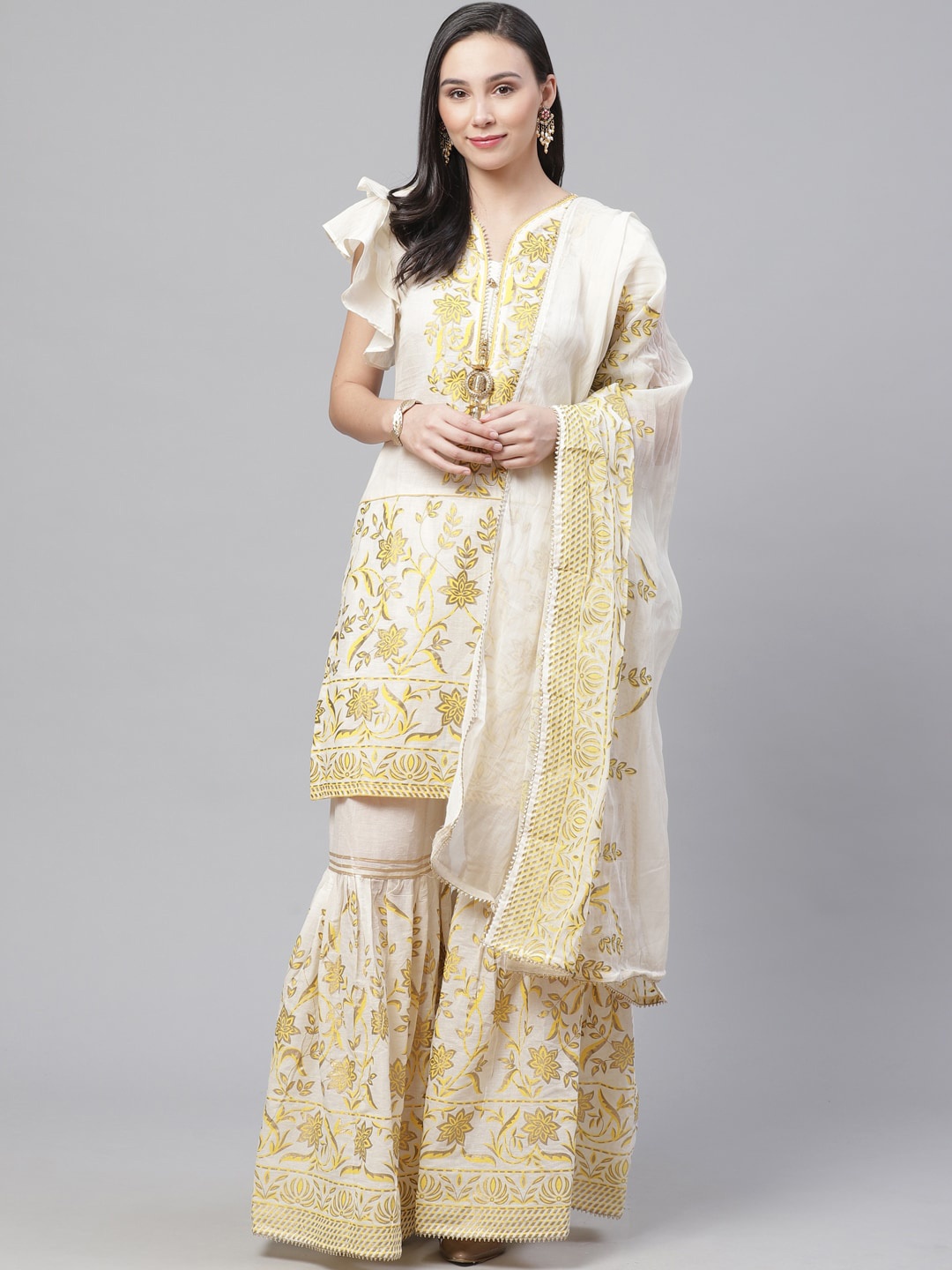 

Chhabra 555 Women Cream & Yellow Block Printed Gotta Patti Embroidered Pure Cotton Kurta Set