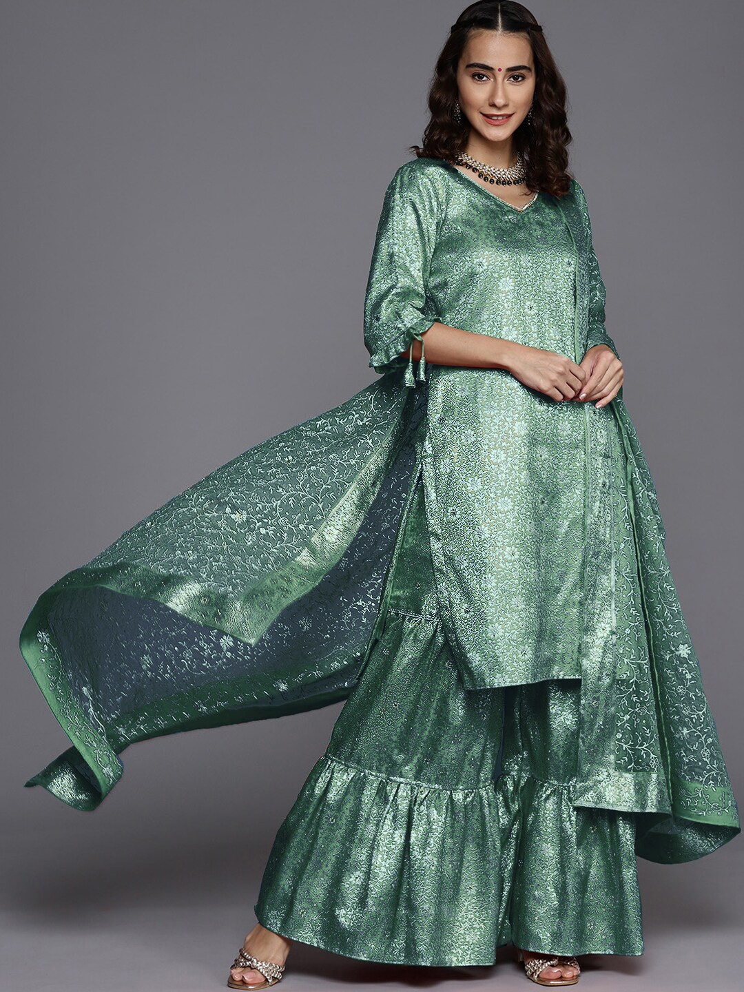 

Chhabra 555 Women Teal Green Embroidered Kurta With Sharara & Dupatta