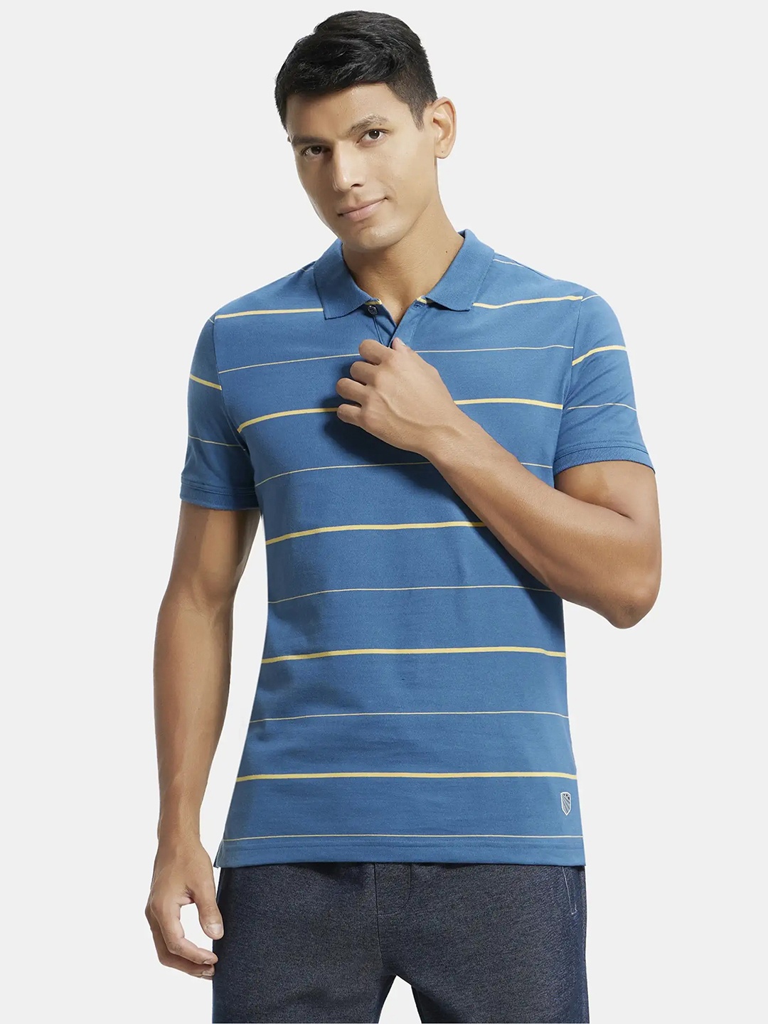 

Jockey Men Blue Striped Polo Collar T-shirt