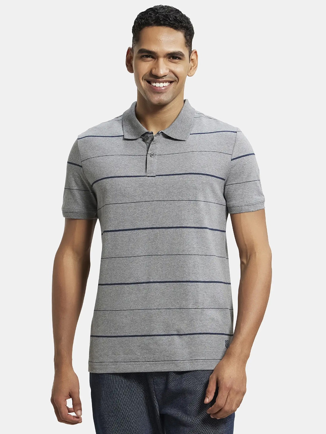 

Jockey Super Combed Cotton Rich Striped Half Sleeve Polo Tshirt-UM15, Grey
