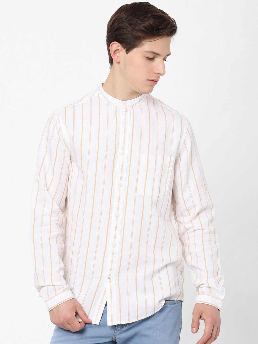 

Celio Men Mustard Striped Casual Shirt