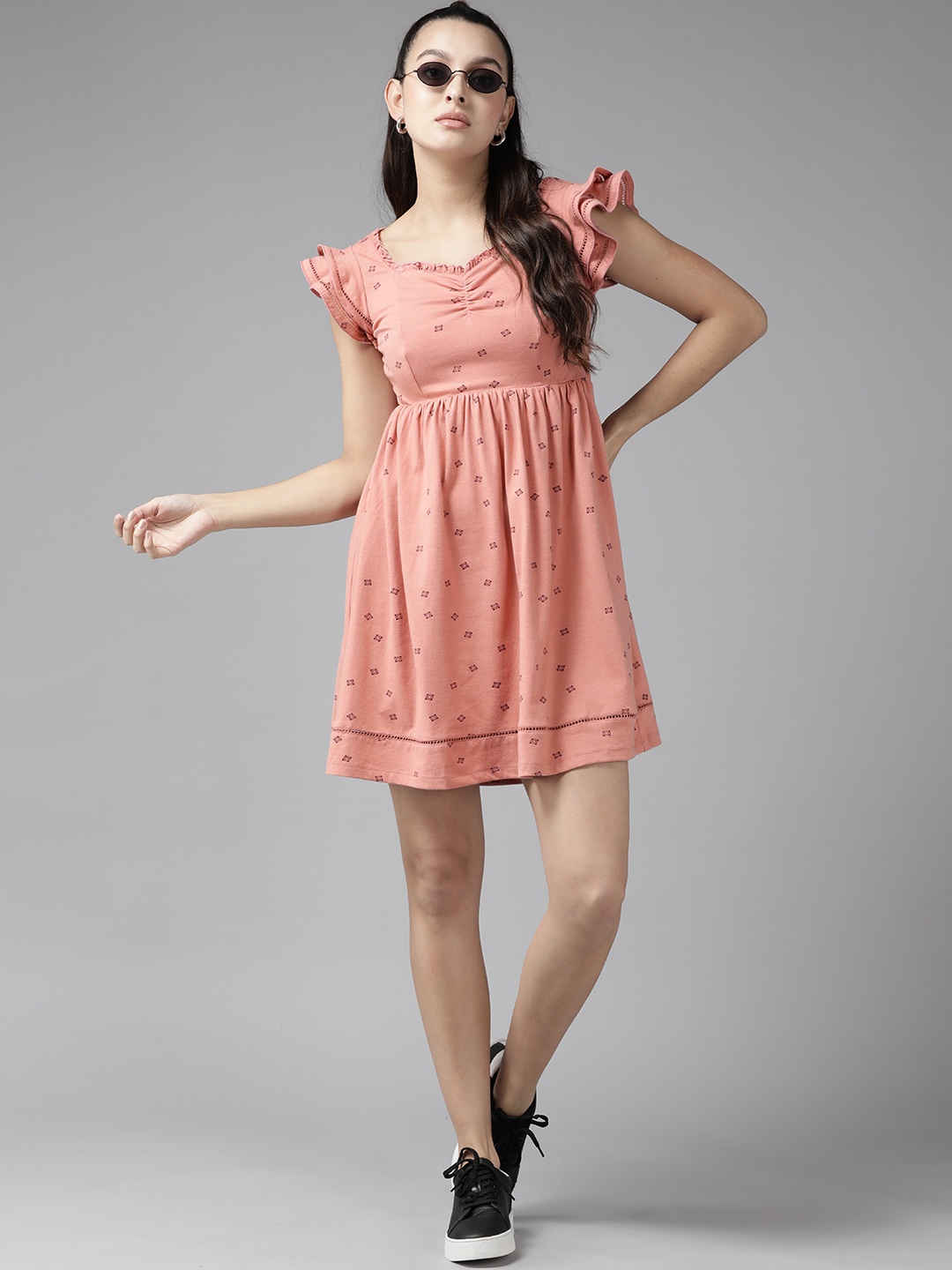 

The Roadster Lifestyle Co. Printed Cut-Out & Smocked Back A-Line Mini Dress, Peach