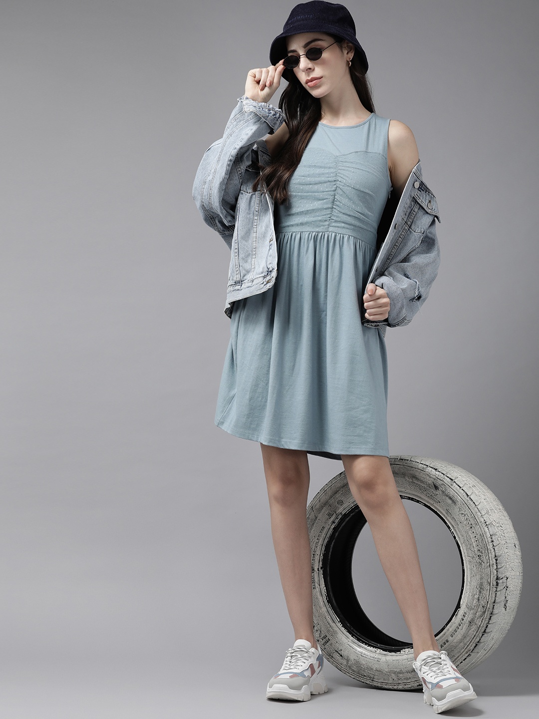 

The Roadster Lifestyle Co. Blue Solid Mesh Detail A-Line Dress