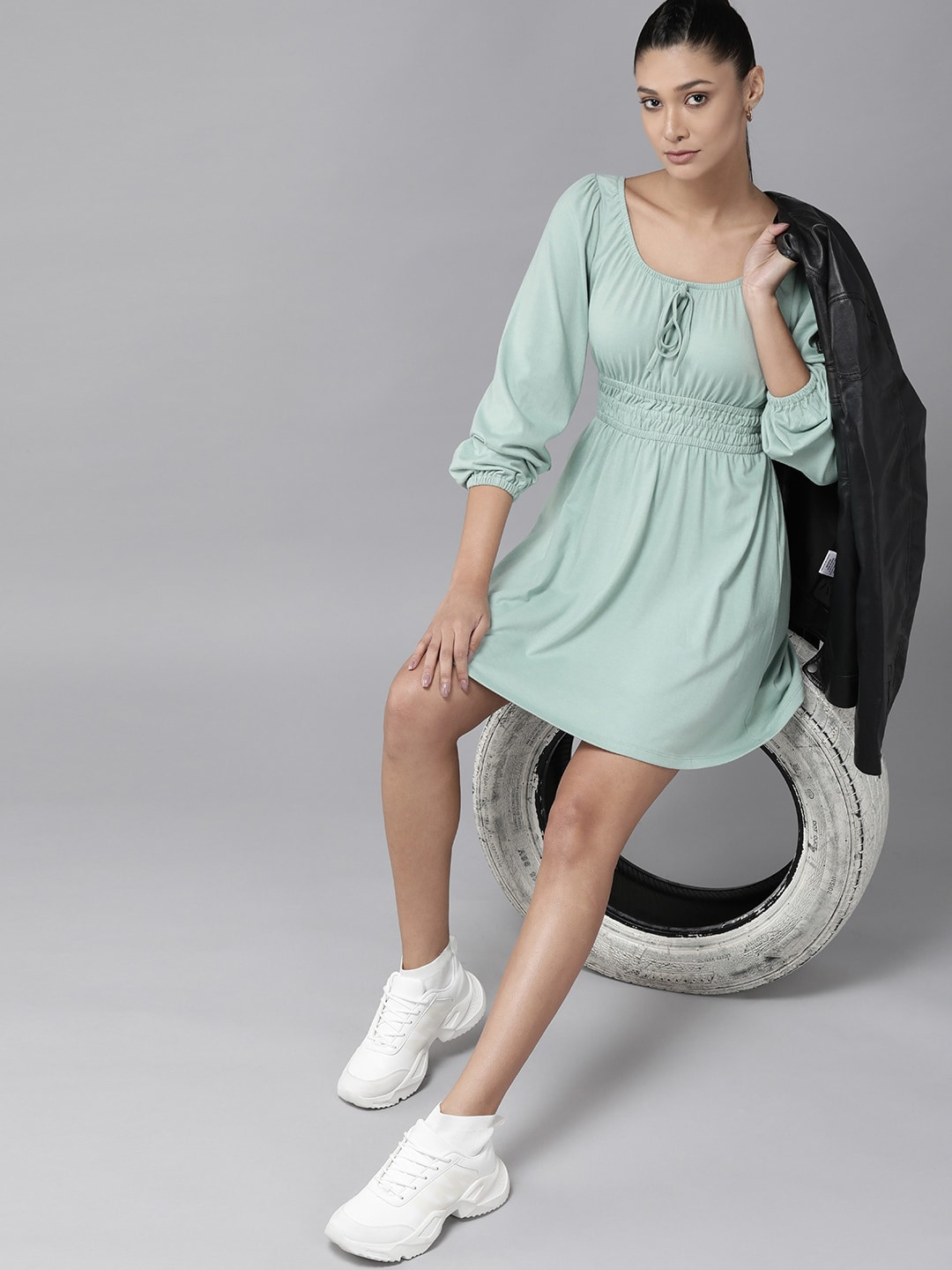 

Roadster Sea Green Solid Knitted A-Line Mini Dress