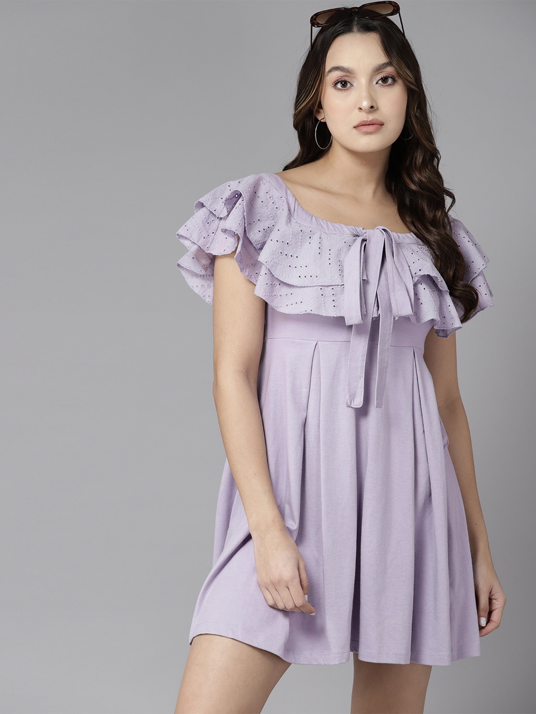 

The Roadster Lifestyle Co. Tie-Up Neck Schiffli A-Line Dress, Lavender