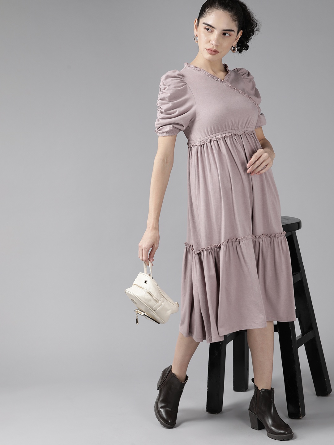 

Roadster Mauve Solid Tiered Ruffled Wrap Dress