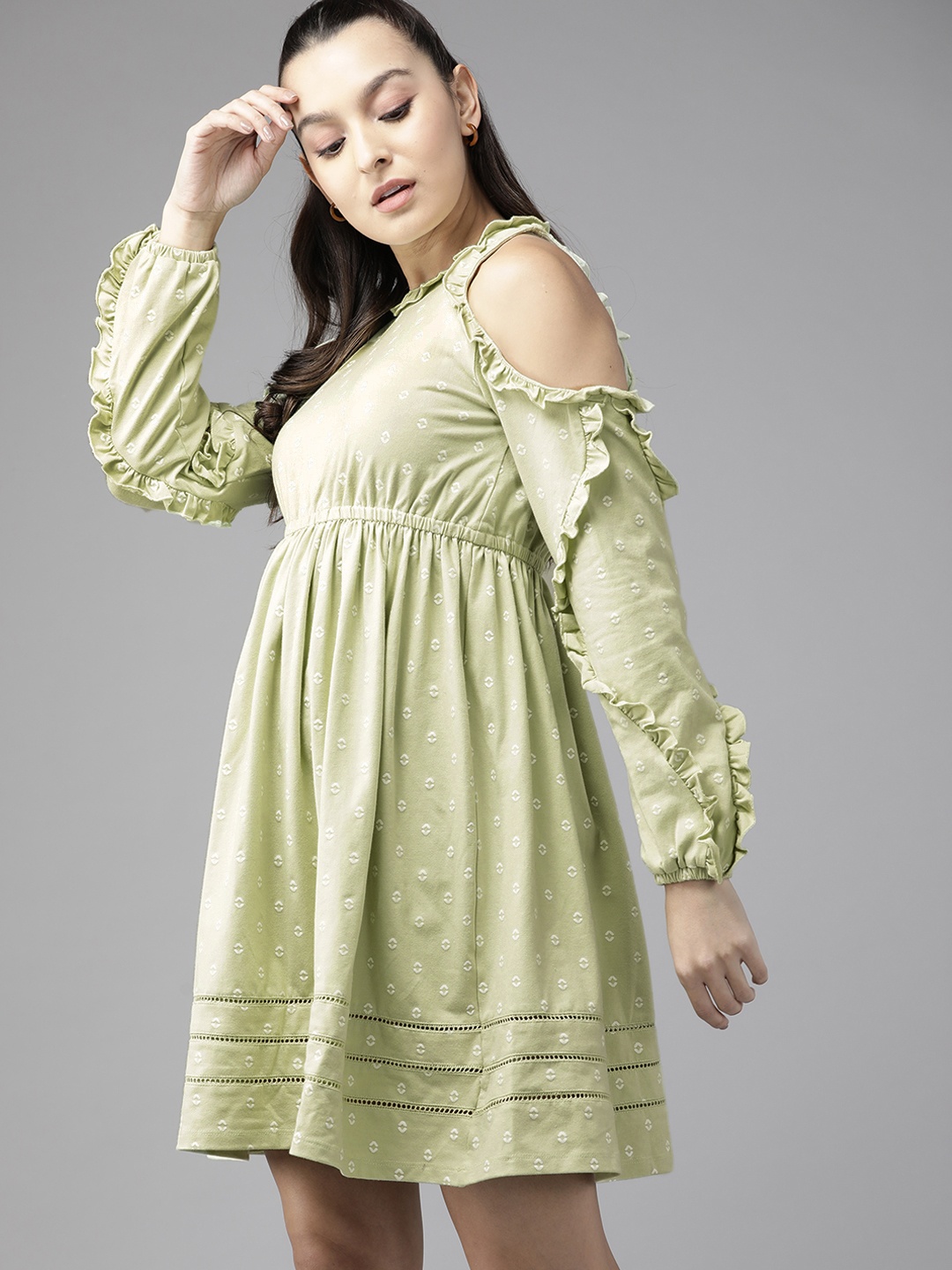 

The Roadster Lifestyle Co. Cold Shoulder Ruffled A-Line Dress, Green